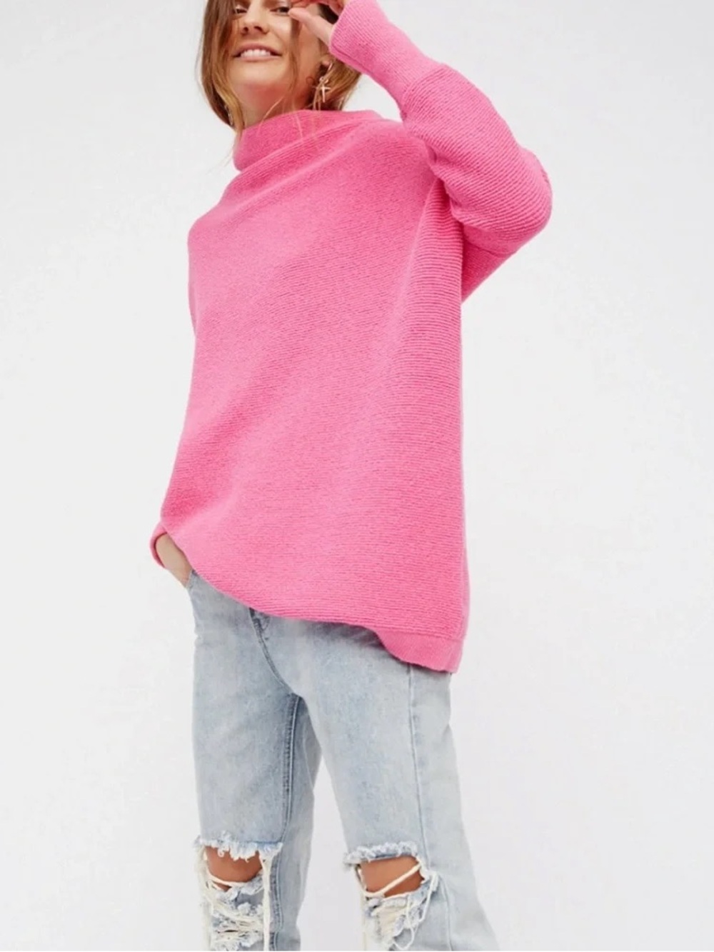 Free People Ottoman Slouchy Ribbed Mock Neck Sweater Pink